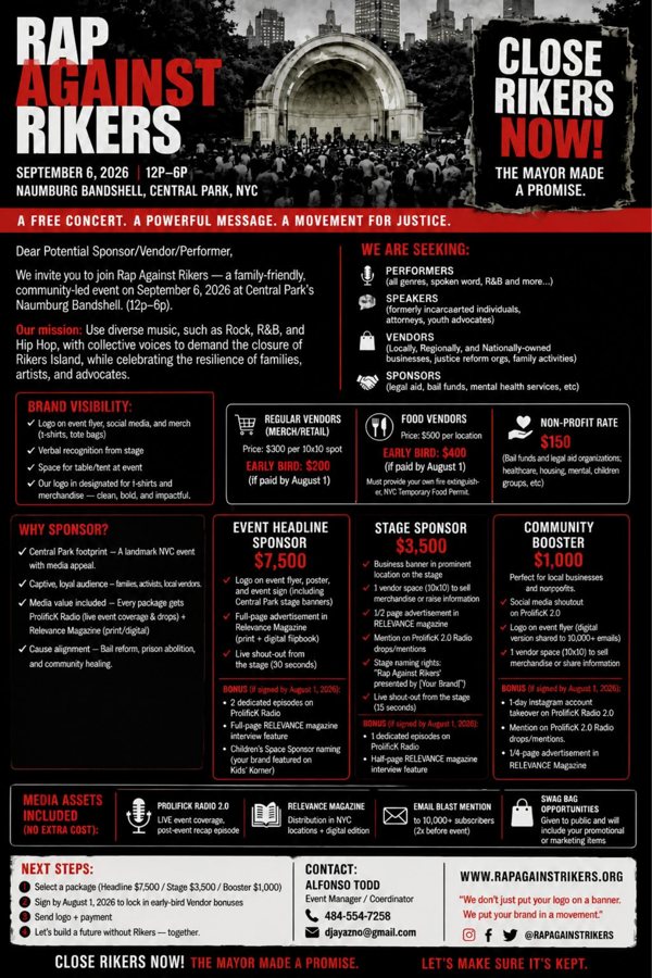 Preview of the Rap Against Rikers sponsor and vendor details flyer